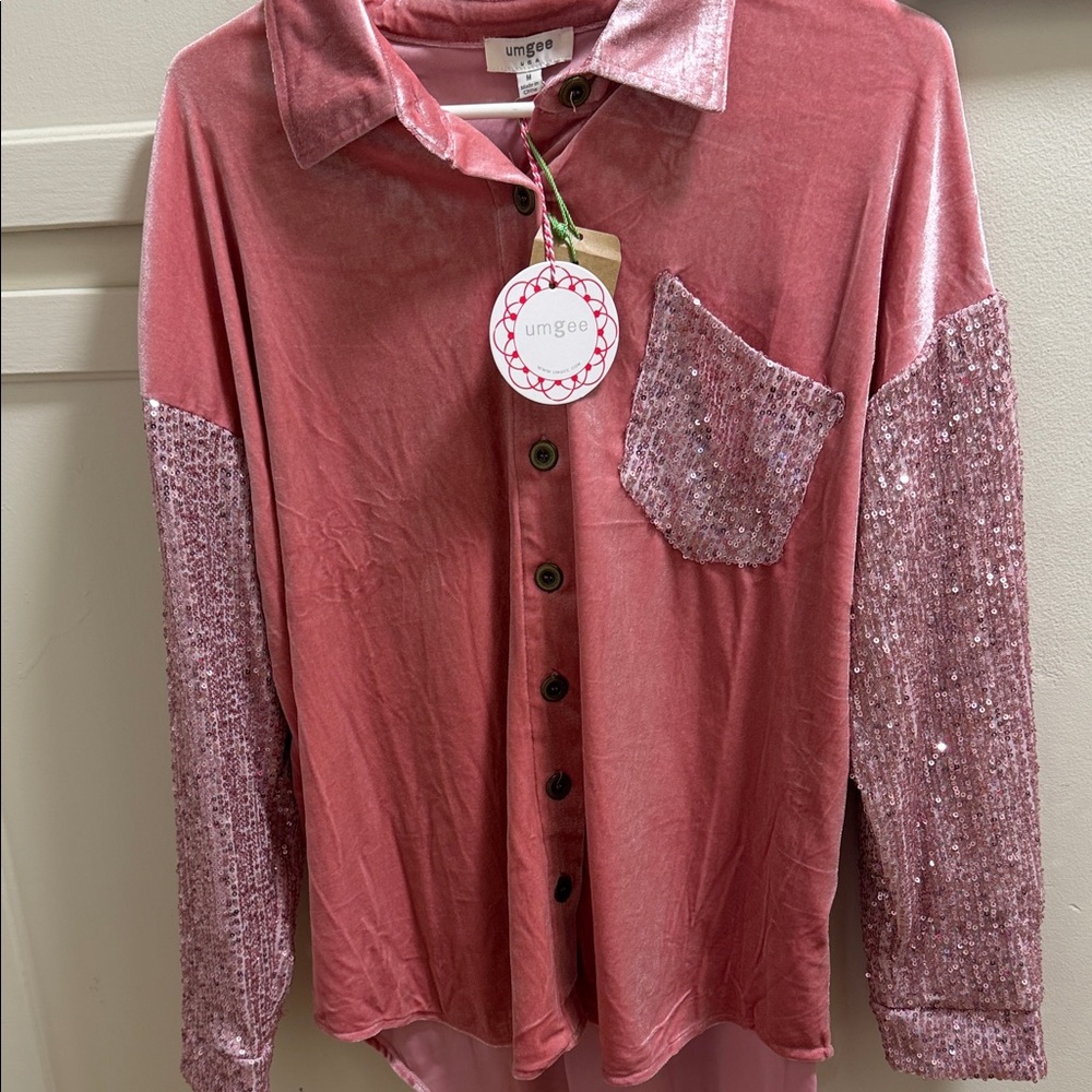 Umgee Kids Pink Velvet Sequin Button Down Shirt